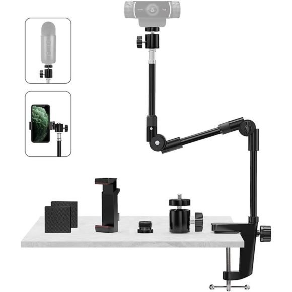 Webcam Stand Camera Mount with Phone Holder & 5/8"Screw, 25in Flexible Stand - Picture 1 of 6